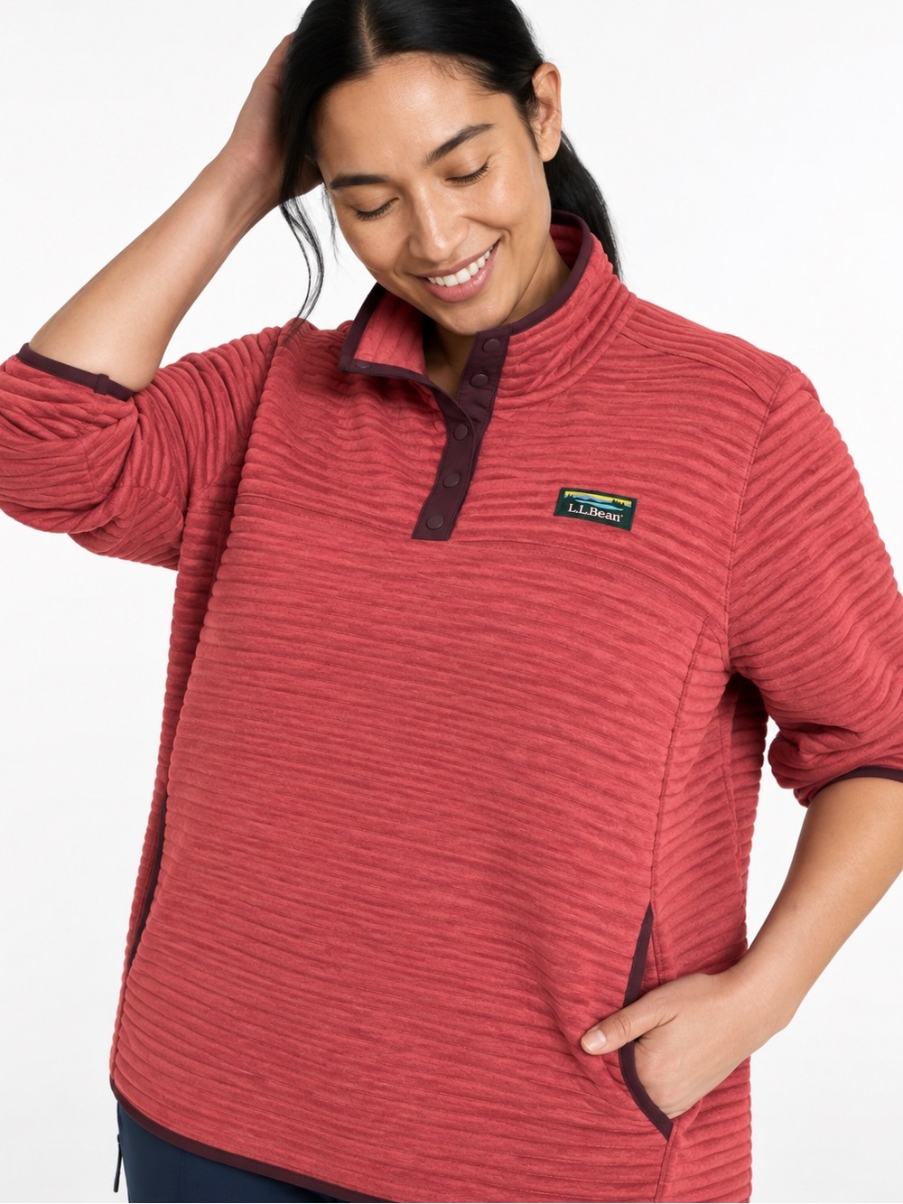 L.L.Bean Airlight Grid Pullover Women’s 1X Watermelon Red Burgundy Snap Neck